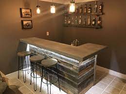 Most of the basement ceiling ideas here make use of relatively cheap materials like wood planks, paint, pvc. Concrete Bar Top With Reclaim Wood Bar Rustic Man Cave Vibe Rustic Basement Bar Concrete Bar Diy Home Bar