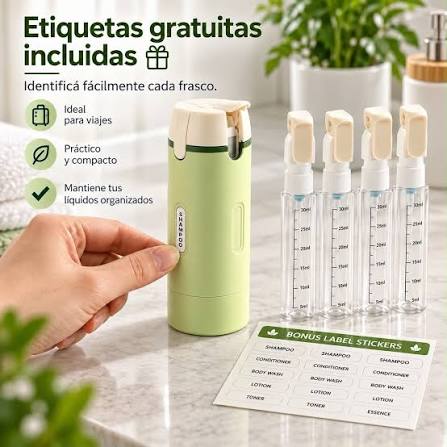 Dispensador de cosméticos portátil 4 en 1 para viaje. Funcionalidad:  Permite almacenar cuatro tipos diferentes de líquidos (como shampoo,  acondicionador, loción y jabón) en un solo recipiente. Se utiliza girando  la tapa