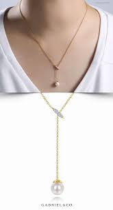 14k Yellow Gold Diamond Bar Y Necklace With Cultured Pearl Drop Pearl And Diamond Necklace Diamond Necklace Designs Gold Lariat Necklace