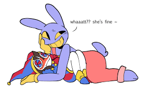 278001 - safe, artist:maelinkz, jax (the amazing digital circus), pomni  (the amazing digital circus), lagomorph, leporid, mammal, rabbit, anthro,  humanoid, plantigrade anthro, the amazing digital circus, anthrohumanoid,  blushing, duo, duo male and