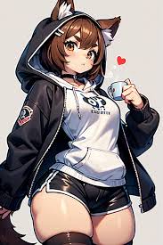 Typh mimi, dog girl, latte color fur, short hair, choker, black sweatshirt  - SeaArt AI