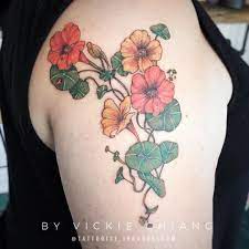 Vickie Chiang On Instagram Nasturtium Flowers And A Tiny Ladybug For Karen The Flower Has Unique Round Shape Botanical Tattoo Nasturtium Nasturtium Tattoo