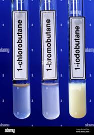 Halogenoalkane reactions. The halogenoalkanes chlorobutane, bromobutane and  iodobutane have been reacted with ethanolic silver nitrate (AgNO3). In eac  Stock Photo - Alamy