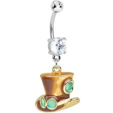 Clear Double Gem Top Hat With Goggles Steampunk Dangle Belly Ring Surgical Grade Stainless Steel Belly Ring Dangle Belly Rings Belly Rings Belly Button Rings