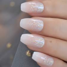 Coffin French Ombre Glitter Star Nails Gradeint Ballet Nude Silver