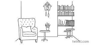 Modern living rooms in black and white col. Wohnzimmer Szene Schwarzweiss Illustration Twinkl