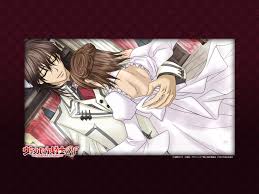 hino matsuri, cross yuki, kuran kaname, kurosu yuuki, vampire knight, game  cg, highres, 00s, 1boy, 1girl, back, blazer, border, brown hair, choker,  closed eyes, couple, dancing, dress, dutch angle, formal clothes, hetero,