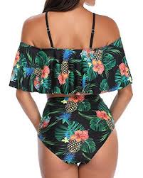 Women Off Shoulder Ruffle Two Piece Swimsuit Swimwear High Waist Leaf Print Bikini Set Bathing Suit Swimsuits Outfits Trendy Swimsuits Cute One Piece Swimsuits