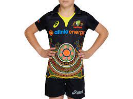 Mitchell starc models australia's indigenous cricket uniform. Unisex Cricket Australia Indigenous T20 Replica Shirt Performance Black Kids Cricket Clothing Asics