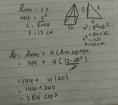 Perhatikan gambar yang ada pada lampiran untuk menentukan tinggi segitiga (m) pada pada sisi tegak limas, kita bisa menggunakan pythagoras. Diket Suatu Limas Dengan Alas Berbentuk Persegi Luas Alas Limas 144 Cm2 Dan Tinggi Limas 8 Cm Brainly Co Id