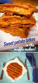 Spiralized Sweet Potato Latkes In The Waffle Maker Sweet Potato Latkes Waffle Maker Recipes Sweet Potato Waffles
