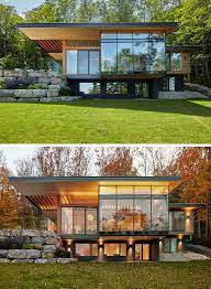 A Contemporary Cottage With A Cantilevered Roof Overlooks A Lake In Canada Contemporary Cottage Modern Cottage House Designs Exterior