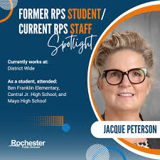 Jacque Peterson is the district wide Chief of Schools. She attended Ben  Franklin Elementary, Central Junior High School (now the site of the Dan  Abraham Healthy Living Center), and Mayo High School.