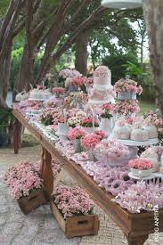 Amazing Garden Party Or Summer Outdoor Wedding Dessert Table Filled With Gorgeous Pink Flowers Wedding Dessert Table Wedding Desserts Dessert Table