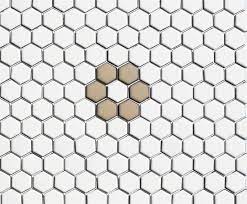 This tile was everything we hoped it would be for our mid century modern home! 1 X 1 Flower Hex Tile Pattern Tan White Rosette Lyric