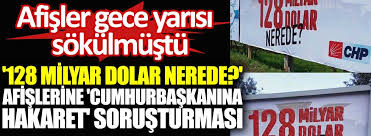 Chp'nin mudanya'daki billboardlara astırdığı 128 milyar dolar nerede afişlerinin savcılık talimatı ile gece yarısı sökülmesi ve 'cumhurbaşkanına hakaret'ten soruşturma açması sosyal medyanın gündeminde. O0kyotnrvg4fzm