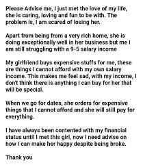 It came saturday and i had to tell my girlfriend that i will give it to her the next day. Please Advise Me I Am Broke But My Girlfriend Is Rich How Can I Make Her Happy Naijaloaded