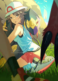 ariekochan, leaf (pokemon), may (pokemon), seviper, zangoose, creatures  (company), game freak, nintendo, pokemon, pokemon frlg, pokemon rse,  highres, 2girls, blue shirt, brown eyes, brown hair, defeat, gen 3 pokemon,  grass, hat, hug,
