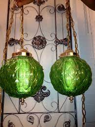 Vintage Retro Green Glass Swag Hanging Lamp Lights 95 00 Via Etsy Swag Lights Hanging Lamp Large Lamp Shade