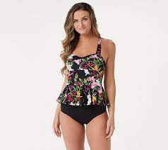 G I L I Swim Peplum Tankini With High Waisted Bottoms Qvc Com Peplum Tankini Blouson Tankini Tankini