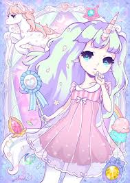 Anime Art Pastel Unicorn Girl Long Hair Dress Ribbons Flower Petals Sparkling Cute Kawaii Art Kawaii Anime Anime Wallpaper