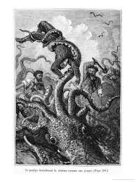 The Octopus Attacking The Nautilus Illustration From 20 000 Leagues Under The Sea Giclee Print Alphonse Marie De Neuville Allposters Com Sea Monsters Weird Sea Creatures Giant Squid