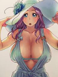 ooi masakazu, okita kyouko, okusan, highres, official art, 1girl, bikini,  bikini top only, bikini under clothes, blue eyes, blush, breasts, dress,  female focus, hat, huge breasts, large breasts, long hair, looking at