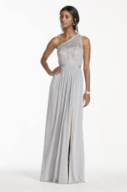 One Shoulder Metallic Lace And Mesh Dress Illusion One Shoulder Corded Metallic David S Silver Bridesmaid Dresses Long Bridesmaid Dresses Bridesmaid Dresses