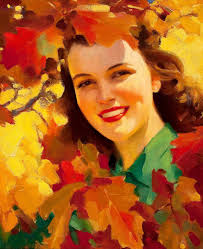 Fresh Faced Mid Century Girl and Fall Leaves! Vintage Digital Autumn  Thanksgiving Download. Digital Retro Illustration. Art to Print/frame.
