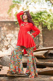 Red Rayon Flared Peplum Top With Handmade Bows And Ribbon Flowers On Neckline Printed Lawn Gharara Pakistani Fashion Casual Pakistani Frocks Clothes For Women