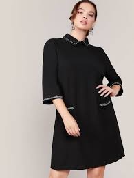 Style Elegant Color Black Pattern Type Plain Neckline Collar Dresses Length Short Type Tunic Details But Plus Size Outfits Dresses Tunic Dress