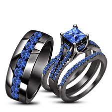His Her Wedding Ring Trio Set Blue Sapphire 10k Black Gold Finish 925 Silver Sapphire Engagement Ring Blue Wedding Ring Trio Sets Wedding Ring Trio