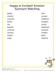 Happy Or Excited Emotion Synonym Matching Worksheet Education Com English Writing Skills Synonyms For Excited Writing Skills