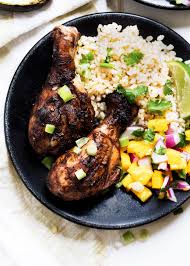 Juicy Grilled Jerk Chicken Drumsticks With A Delicious Caribbean Rice Amp Sweet Mango Salsa The Perfect Healthy Gril Caribbean Rice Jerk Chicken Mango Salsa