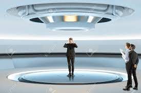 Pensive Man Trying To Teleport With Curious Businessmen Watching Him.  Experiment Concept, Future And Innovation. 3D Rendering Stock Photo,  Picture and Royalty Free Image. Image 87632448.