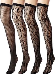 Get womens fashion thigh high socks, fishnet thigh highs and over the knee socks that pair perfectly with all your looks. Chengu 4 Pairs Woman S Black Lace Top Thigh High Fishnet Stockings Silk Stockings Multicolor 3 Buy Online In Dominica At Dominica Desertcart Com Productid 128470483