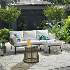 Home depot outdoor furniture from alibaba.com will enable you to eat outdoors with family and friends. Barton 3 Piece L Shaped Rattan Outdoor Patio Sectional Furniture Set With White Cushioned Seat And Table 93510 The Home Depot Patio Sectional Sectional Patio Furniture White Patio Furniture