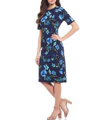 Maggy London Petite Size Jewel Neck Floral Print Sheath Dress Navy Blue 8p In 2020 Dresses Fashion Sheath Dress