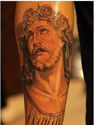 Palm black ink outline cool crying heart tattoo design ideas for male. Classic Crying Jesus Head Tattoo On Forearm