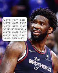 Joel Embiid in his last seven games 🔥 Embiid is the 1st player to score  30+ points in 25 of his first 30 games of a season since Michael Jordan in  1986-87. Philadelphia 76ers