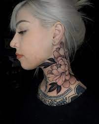 Passionate love (red), excitement and enthusiasm (orange), genuine friendship (peach), fascination (blue), joy, familiar love and devotion (yellow) or even evil and death (black). Ubler Friedrich On Instagram Peony I Did On Rachael Thank You So Much For Trusting Me Rachael Clarke Neck Tattoos Women Flower Neck Tattoo Throat Tattoo
