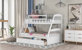 Mission twin over twin staircase bunk bed with trundle in honey finish. Amazon Com Solid Wood Twin Over Full Bunk Beds With Storage Drawers Bunk Beds For Kids With Ladder And Guard Rail White Kitchen Dining