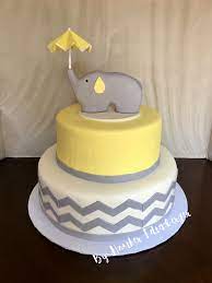 Yellow And Gray Elephant With Umbrella 2 Tier Baby Shower Cake Baby Shower Cakes Cake Shower Cakes