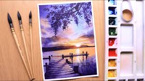 Also like and comments in video.how to. Watercolor Painting Of Sunset Landscape Of River Side Paintingtube