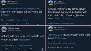 The tweets, sent between april 2012 and june 2013, included use of the n word, comments suggesting muslim people were linked with terrorism, and derogatory comments about women and people of asian heritage. England S Ollie Robinson Apologises After Racist And Sexist Tweets Emerge England Cricket Team The Guardian