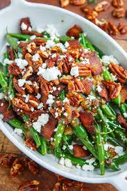 Maple Dijon Green Beans With Bacon Candied Pecans And Goat Cheese Recipe Green Beans With Bacon Green Beans Veggie Dishes