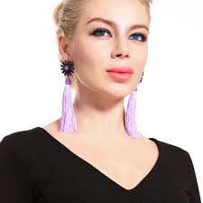 Factory Wholesale Dangling Earrings Unique Purple Crystal Flower Cotton  Tassel Long Earrings Ethnic Jewelry