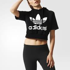Womens Black Adidas Crop Top Inspired By Hoodies From The Adidas Archive This Pullover Gets Restyled Just For Women With Sho Adidas Cropped Hoodie Cropped Hooded Sweatshirt Cropped Hoodie