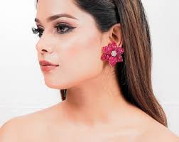 Invisible Settings Earrings LUXURY Ruby Diamond Statement Studs Pink  Sapphire Jewelry Large Flower Shape Pink Ruby Earrings Invisible Set CZ