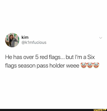 He Has Over 5 Red Flags But I M A Six Flags Season Pass Holder Weee Ifunny Red Flag Six Flags Season Pass Red Flag Quotes